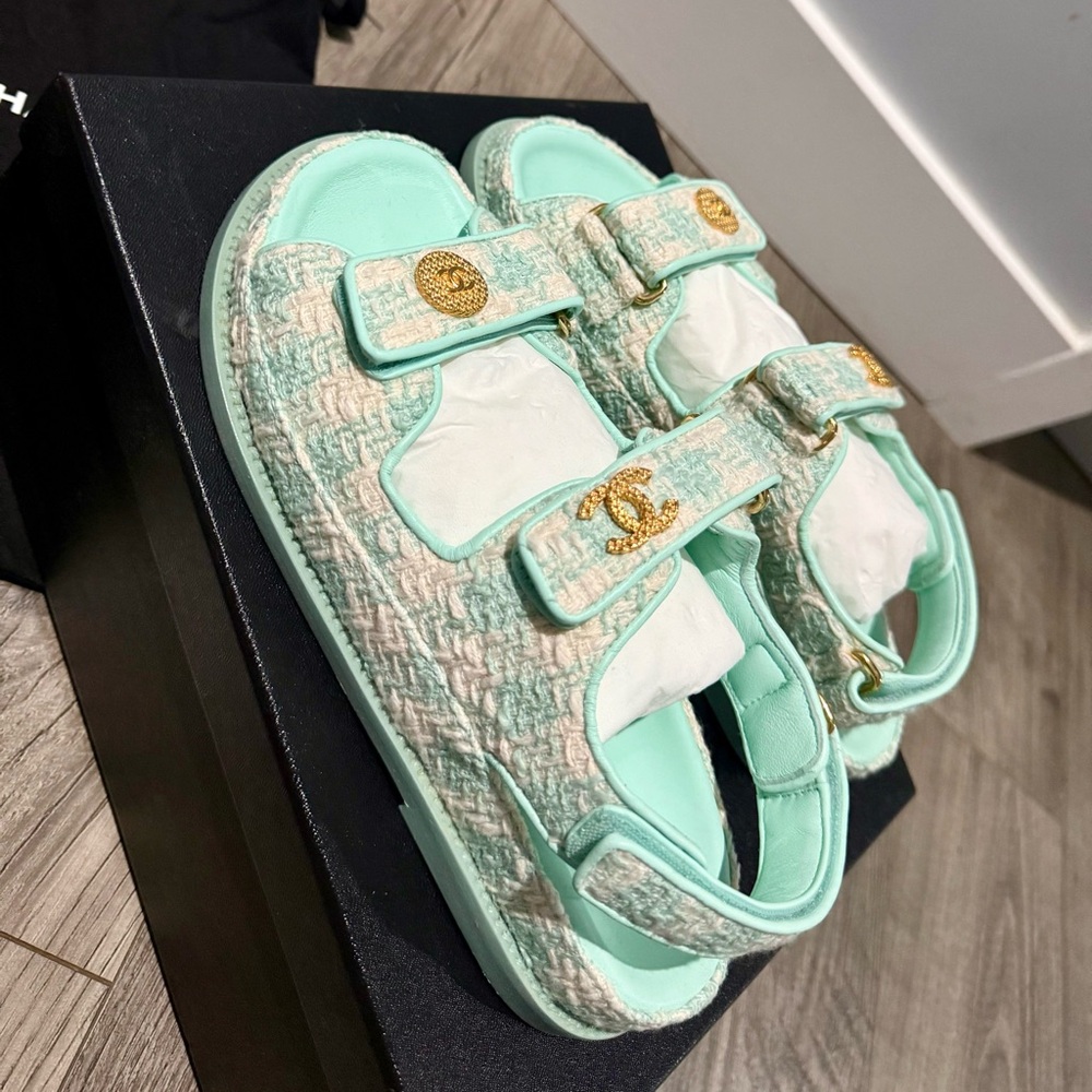 CHANEL Light Green Tweed Sandals with Gold Details